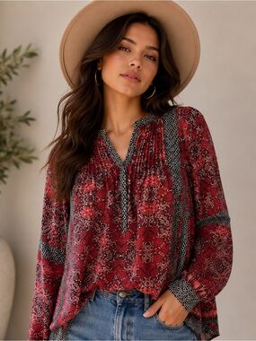 Rose & Olive Red Floral Boho Peasant Blouse